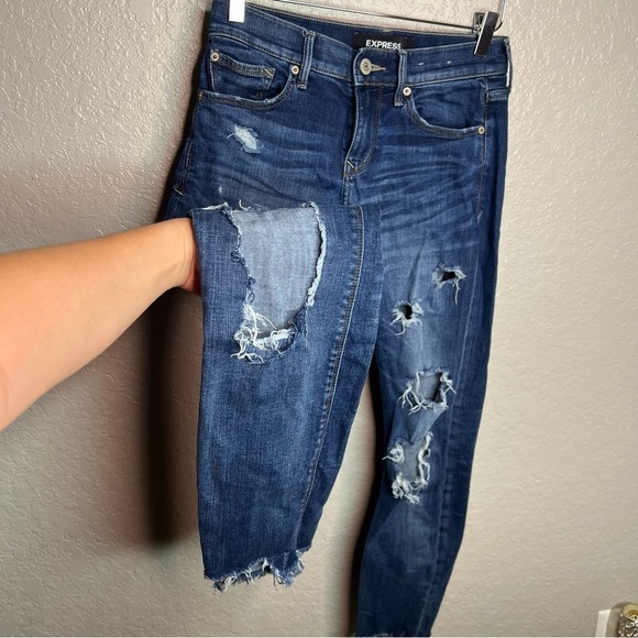 Express Skinny Ankle Stretch Mid Rise Ripped Jeans - Picture 4 of 11